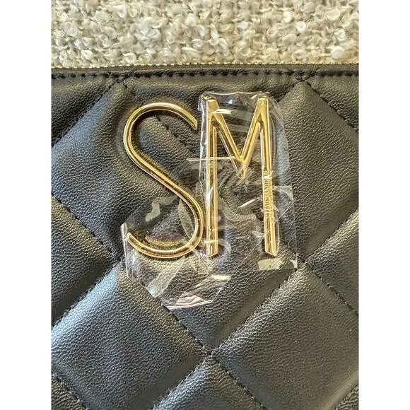 STEVE MADDEN DIAMOND QUILT POUCH BLACK FAUX LEATHER W GOLD TRIM-10in-7in-NWT - Picture 3 of 8